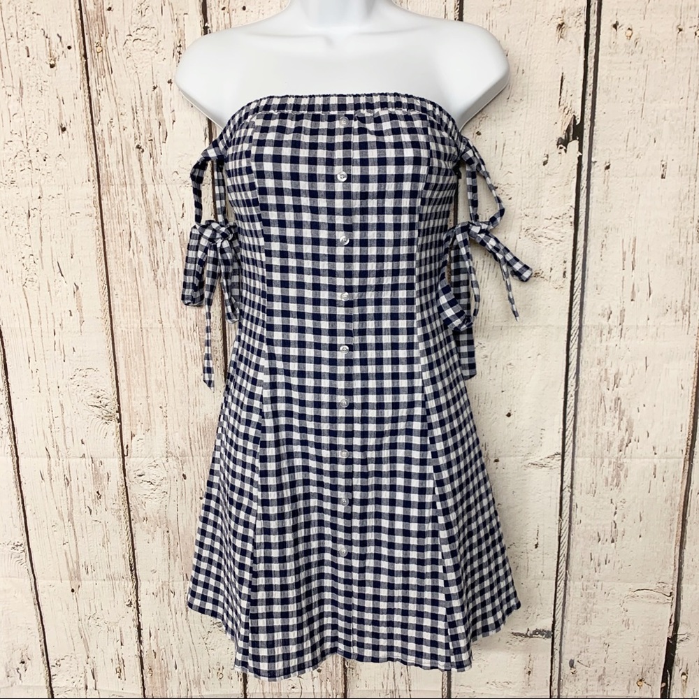 Lulus  blue gingham seersucker off shoulder dress